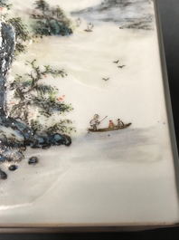 A square Chinese qianjiang cai brush pot with landscapes, 20th C.